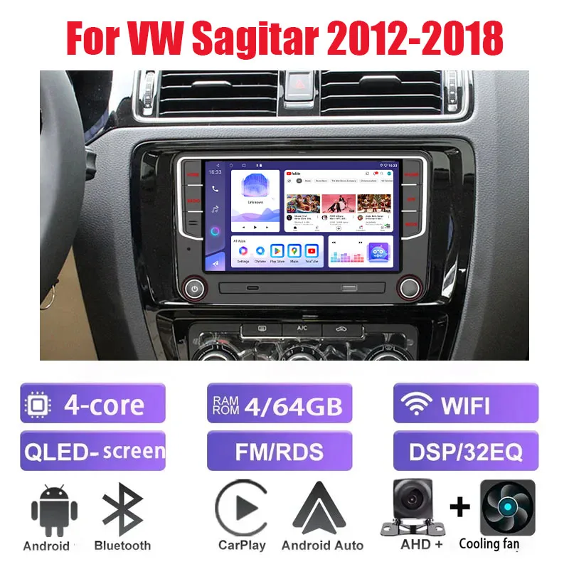 

7‘’ Android 2 Din Car Radio Carplay Android For VW Sagitar 2012-2018 DSP AM RDS AHD GPS Head Unit WIFI Auto Radio