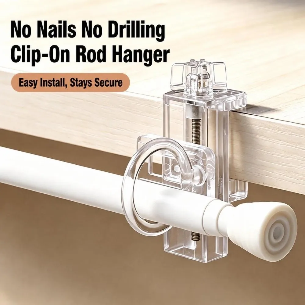 Plastic Clip-On Rod Holder Adjustable Clear Curtain Rod Holder Clamp Horizontal Vertical Mounting Adjustable Ring Clip