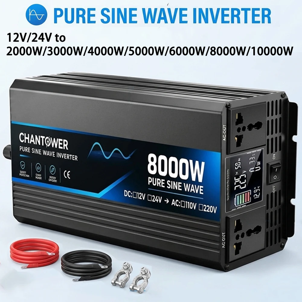 Pure Sine Wave Inverter DC 12V/24V AC 220V 2000W 3000W 4000W 5000W 6000W 8000W 10000W Power Converter Charger Car Solar Inverter