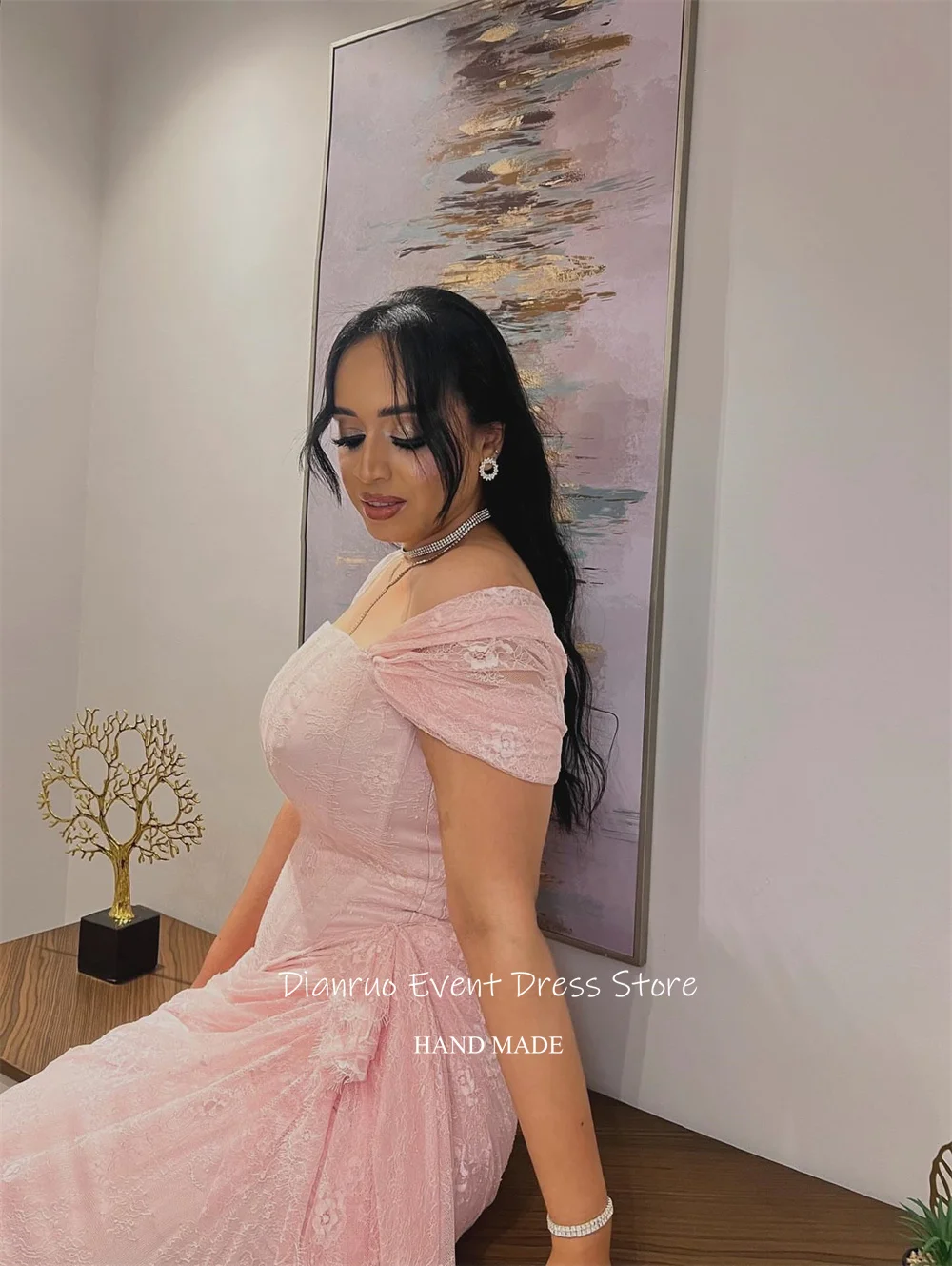 Dianruo charmante rose épaules dénudées robes De soirée dentelle Appliques robes De Noche froncé sirène robes De bal 2025 personnalisé