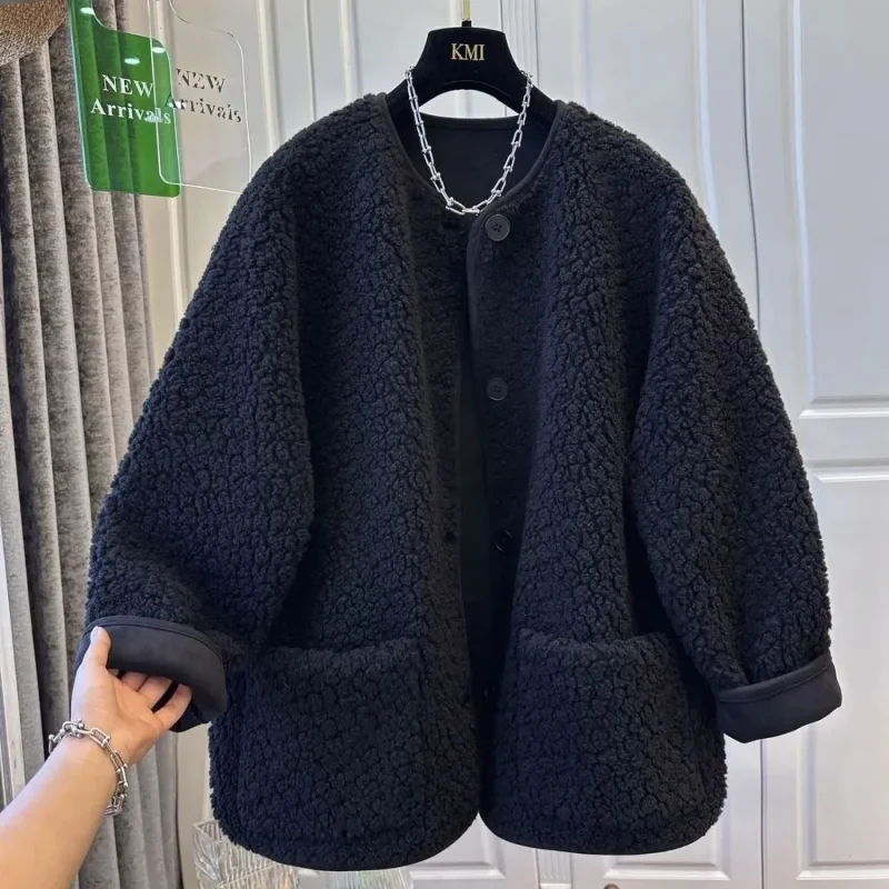 

Solid Color Round Neck Long Sleeve Cardigan Pocket Jacket Women's Casual Loose Jacket Top