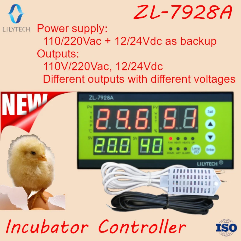 ZL-7928A, 100/220Vac,12V Battery backup,Dry outputs,Multifunction Automatic Incubator, Incubator Controller,  Lilytech,ZL-7918A