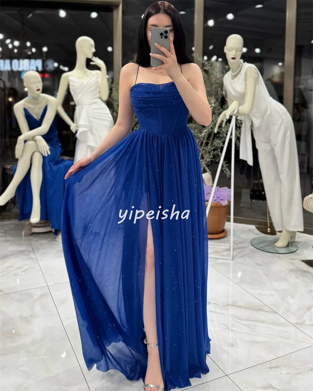 Vestidos largos personalizados de alta calidad, moda de gasa con lentejuelas y plisado, corte en A, cuello Halter, vestidos para ocasiones a medida, elegantes a juego
