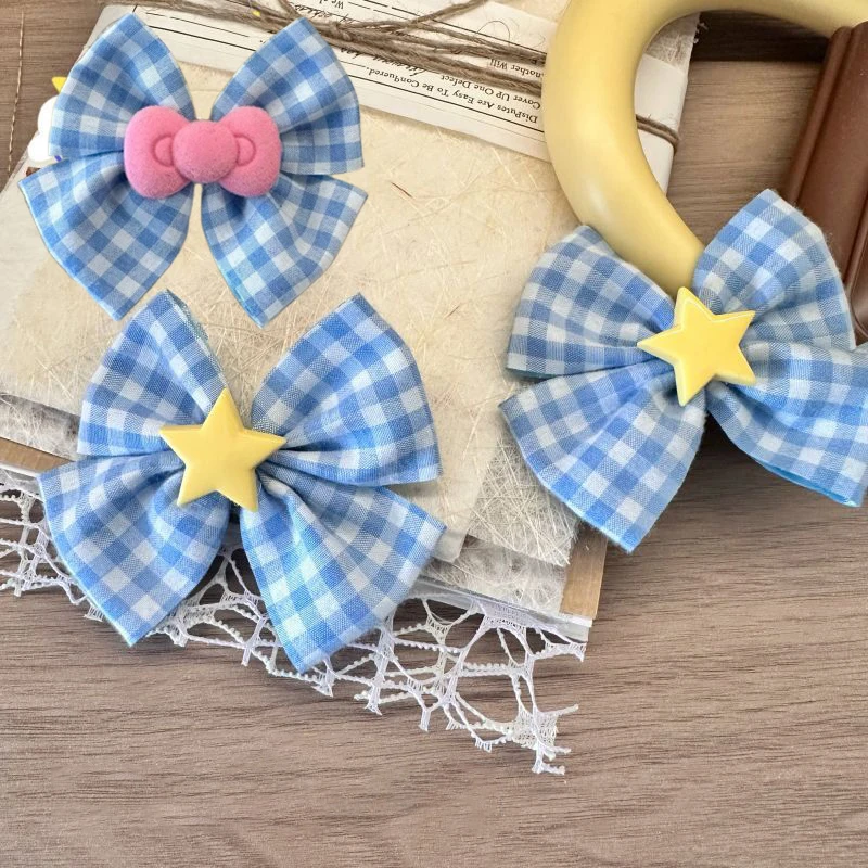 1 Pcs Cute Sweet Blue Plaid Star Bow Hairpin Heart Bangs Side Clip Women Headdress Hair Accessories Friends Gifts