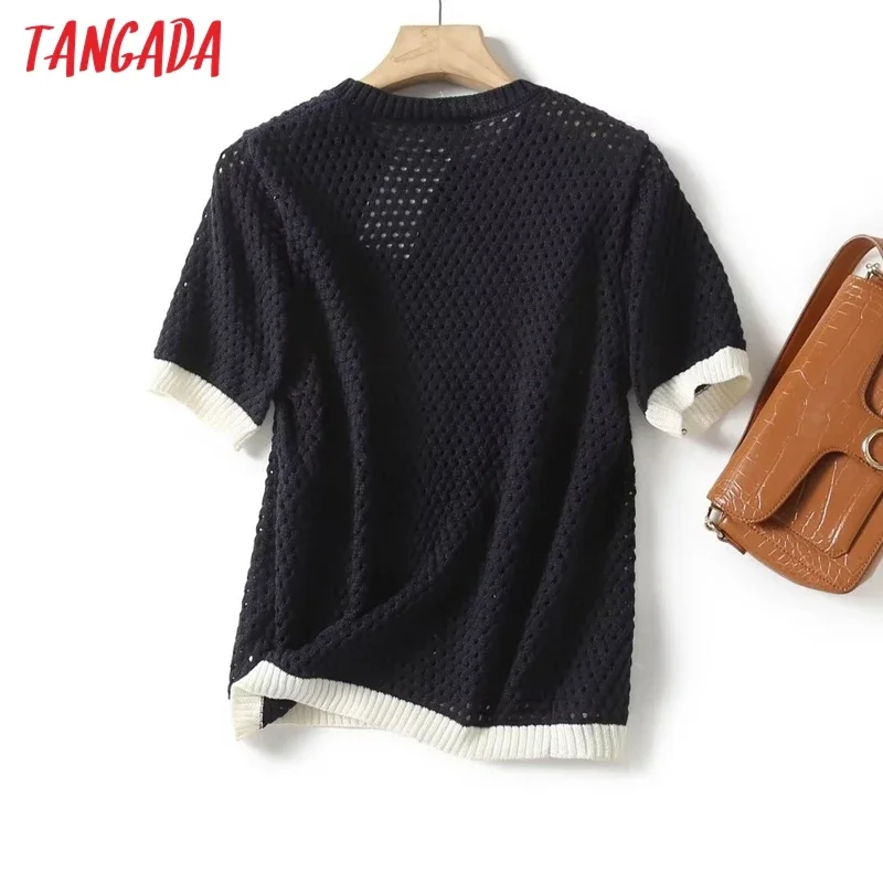 Tangada Women 2024 Crop Knitted Sweater Jumper Short Sleeve Female Slim Pullovers 4C403