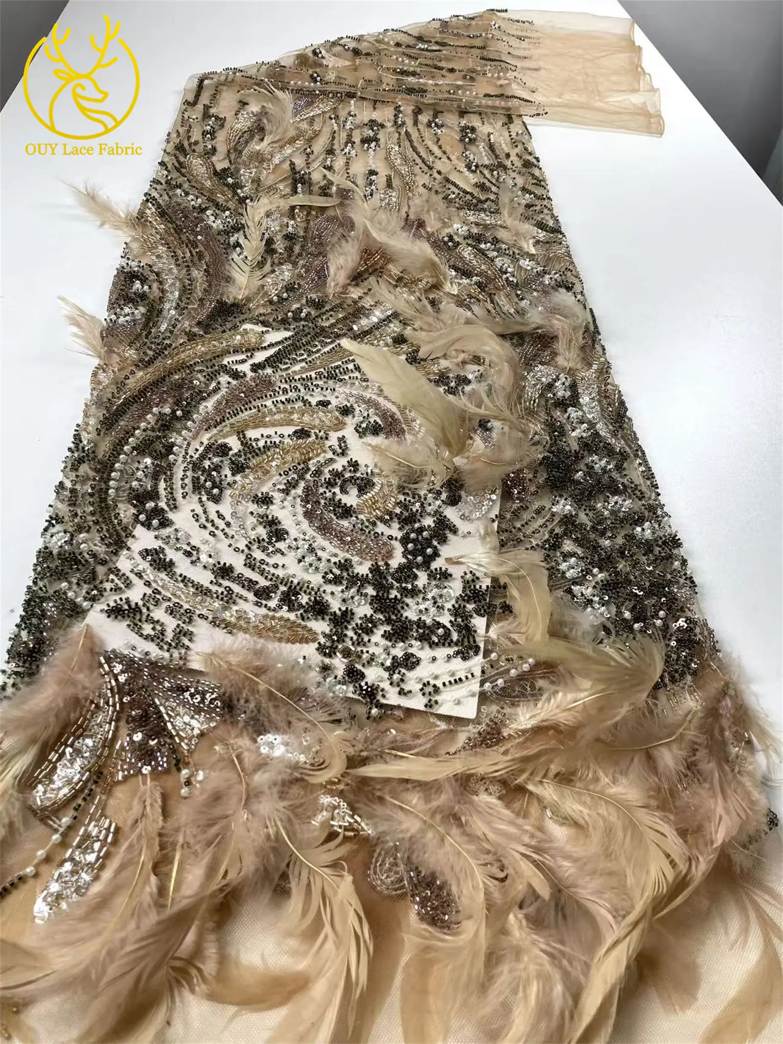 Mais recente tecido de renda de penas 3d europeu 2025 luxo nigeria artesanal frisado lantejoulas tecido de renda casamento banquete vestido material