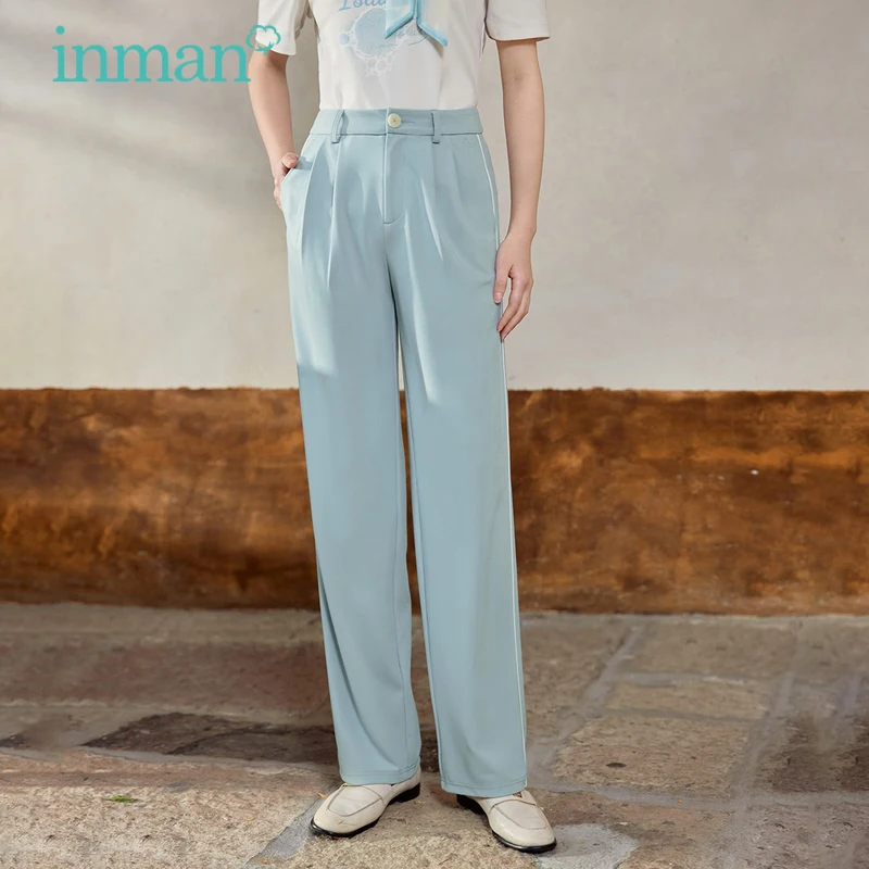 INMAN Women Suit Pants 2023 Summer High Waist Loose Wide-leg Trousers Thin Blue Elegant Casual All-match Pants