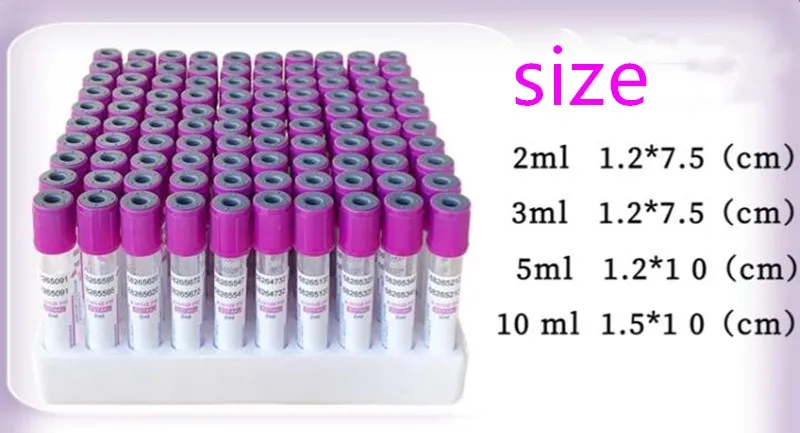 100PCS Vacuum Collection Vessel Negative Pressure Blood Routine EDTA-K2 Anticoagulant Tube 2ml 5ml10ml Purple cap