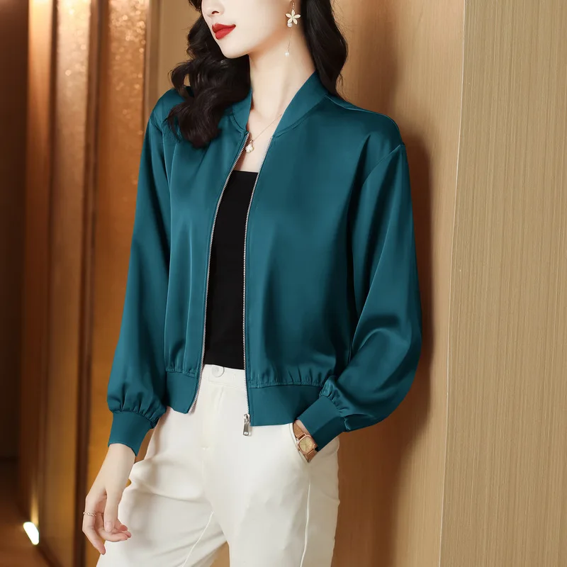 #5356 Spring Autumn Baseball Jacket Women Solid Color Short Outerwear Womens Stand Collar Slim Zipper Office Satin Coat Ladies