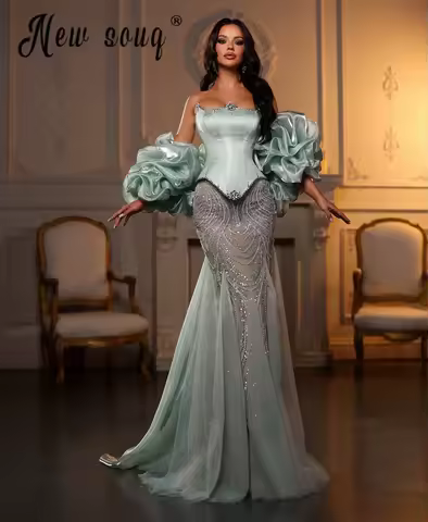 Mint Ruffles Cape Sleeve Long Mermaid Evening Dress Sparkling Beaded Birthday Party Dress Second Reception Prom Gown Customized