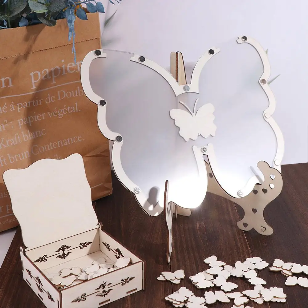 

Wooden Wedding Guest Book Butterfly Shape Alternative Butterfly Check-in Desk Custom Name Multifunctional Reception Signs