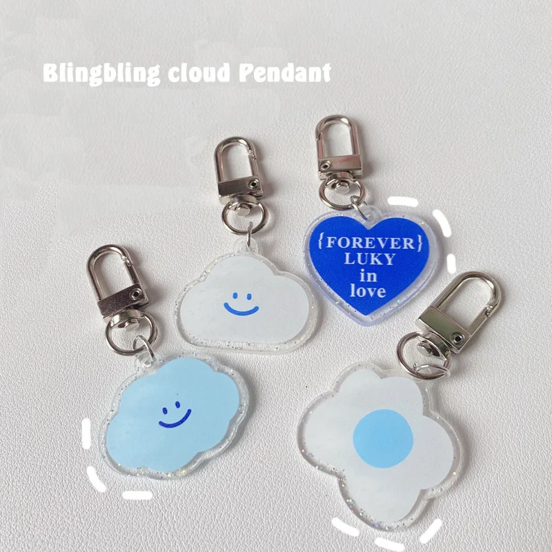 Cartoon Cute Blue Cloud Love Key Holder Flash Powder Acrylic Kawaii Backpack Fashion Decorative Pendant Keychain Toy Ornament