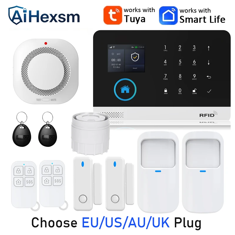 

EU/US/UK/AU Plug Home Fire Smoke Tuya WIFI GSM Alarm System Wireless Smart Life APP 433MHz Safe Security Door Sensor Siren Alexa