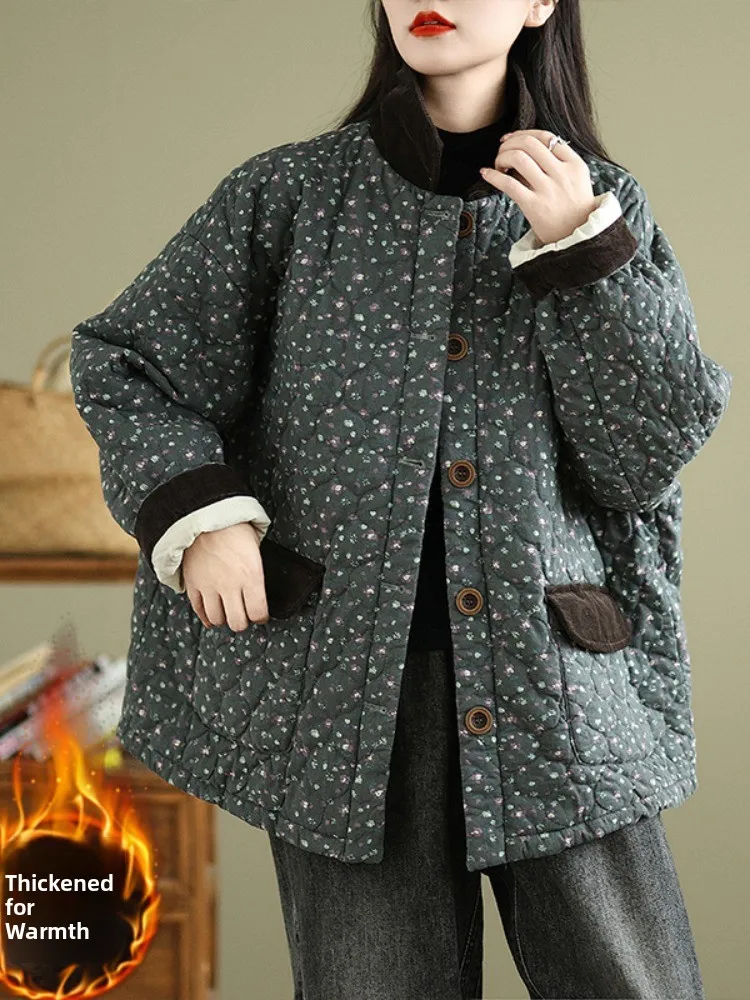 เสื้อโค้ทผ้าฝ้ายพิมพ์ลายดอกไม้สไตล์เรโทรสำหรับผู้หญิง เสื้อคลุมฤดูหนาวทรงหลวม สีอบอุ่น เสื้อคลุมผ้าฝ้ายสำหรับคุณแม่