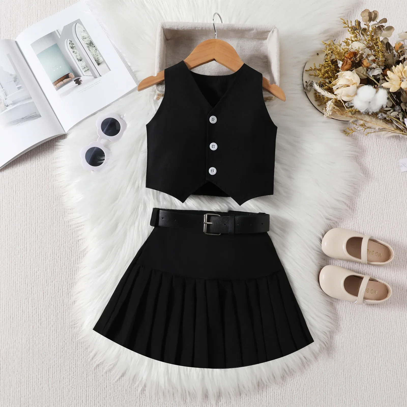 Girl Dress Sleeveless Button Girls Paired Black Pleated Fashion Kid Skirt Leather Look Belt Three Piece Outfit Children Dress