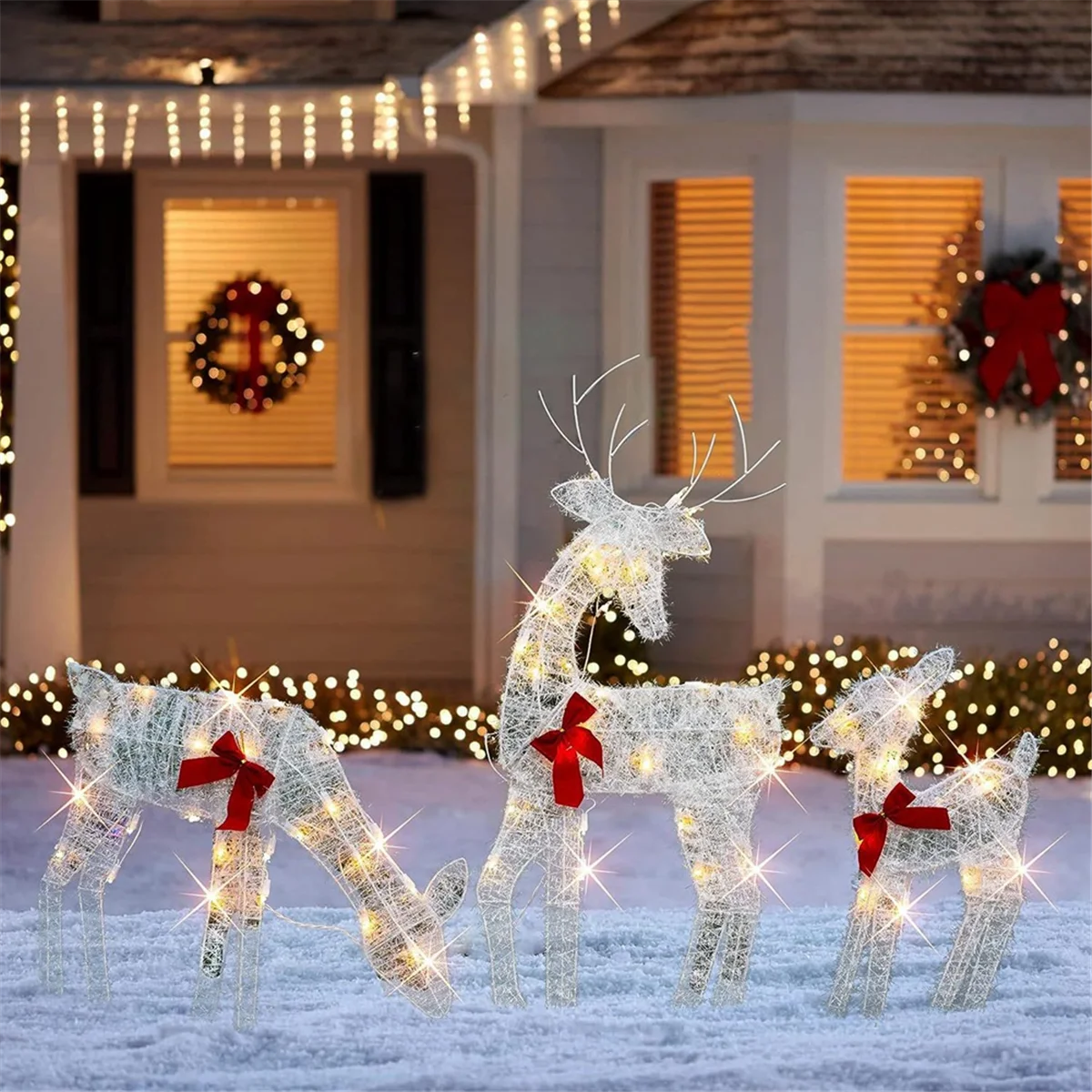 Lighted Christmas 2D Reindeers Outdoor Decorations, Pre-Lit Light Up Xmas Rudolph & Santa Sleigh with Lights,Baby Deer HOT