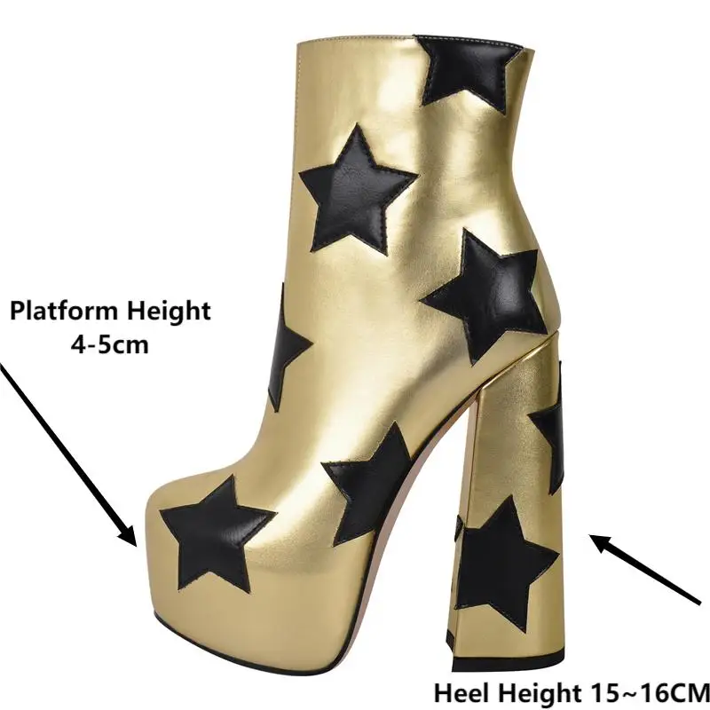 Onlymaker Women Round Toe Platform Ankle Boots Chunky High Heel  Side Zipper Fashion Gold Ankle Boots