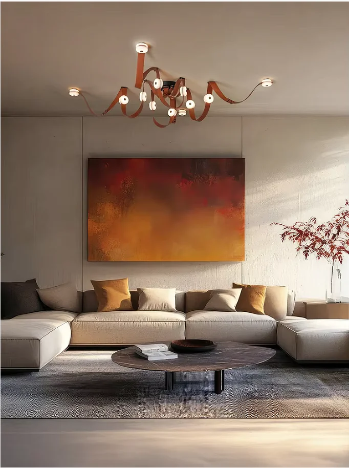 Modern Designer Leather Belt & Real Marble Chandelier  LED Long Staircase Pendant Light Nordic Creative Hanging Lam