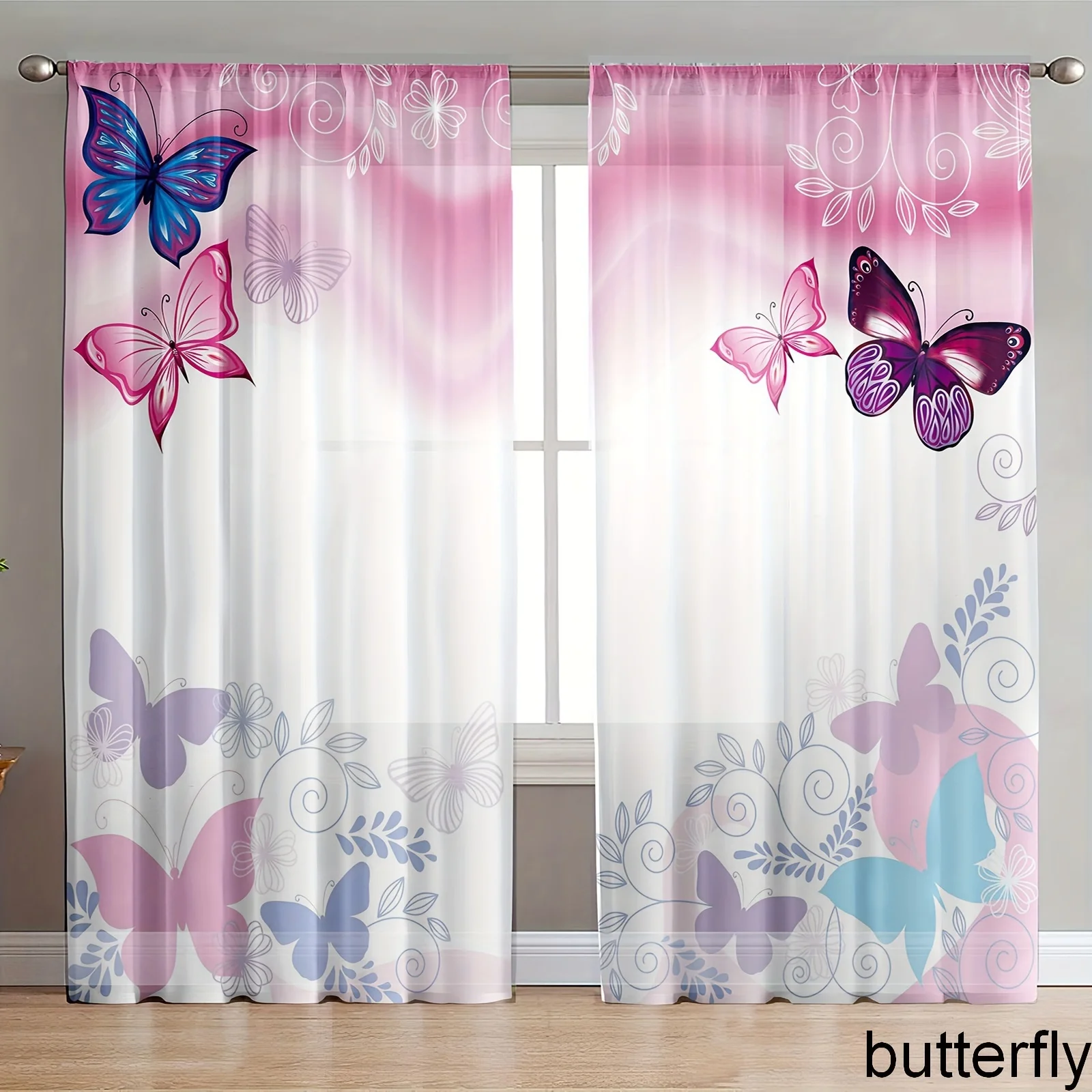 2 Panel Butterfly Voile Sheer Curtain Transparent Curtain for Bedroom Living Room Shutters Window Size can be Customized 240*270