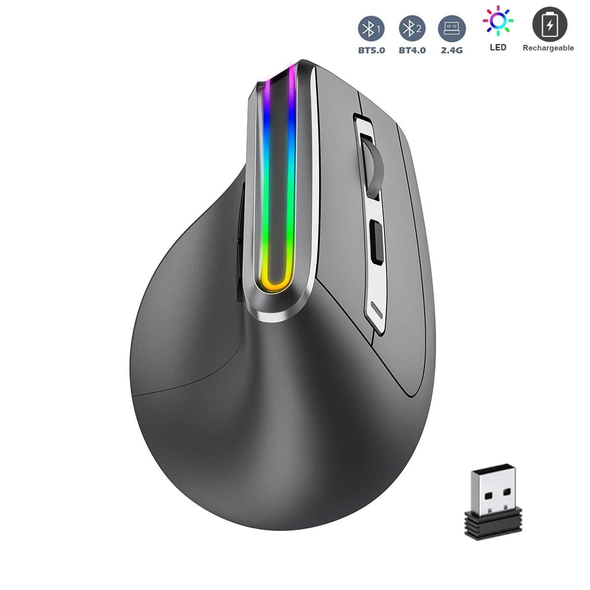 

JOMAA Ergonomic RGB Wireless Vertical Mouse 2.4G USB Optical Mouse Rechargeable Bluetooth Mouse for Desktop/Laptop/PC