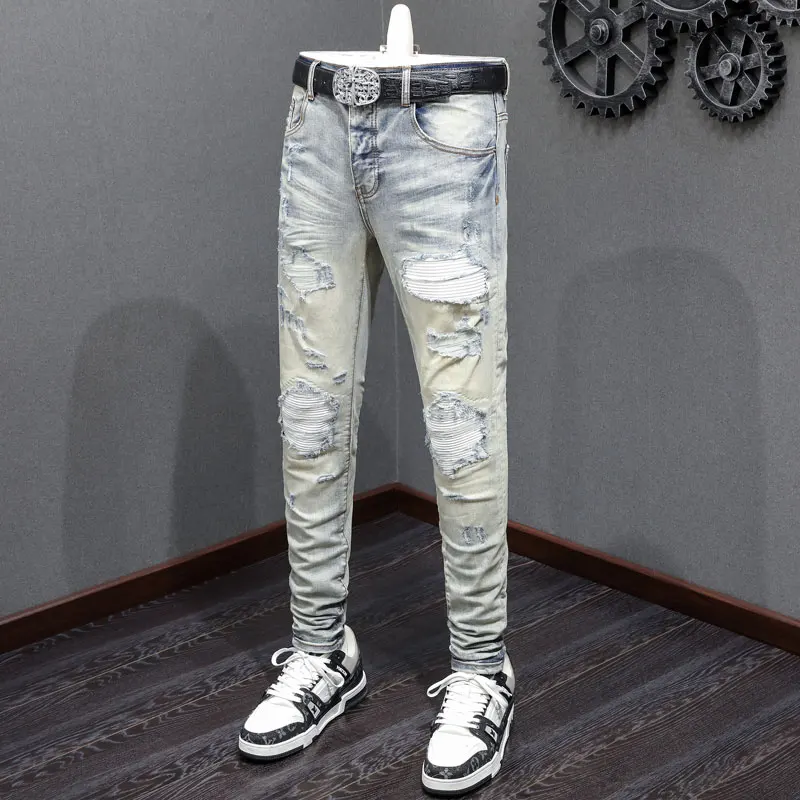 American fashion new denim jeans stretch slim fit white leather perforated washed retro light blue tapered pants Y2K