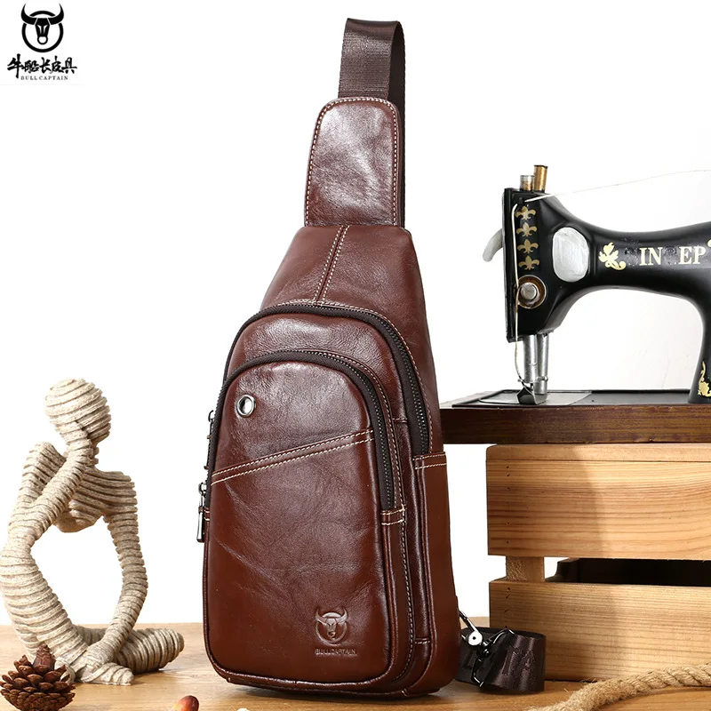 Real leather chest bag men Korean version cowhide one shoulder sling business leisure large capacity shoulder bag