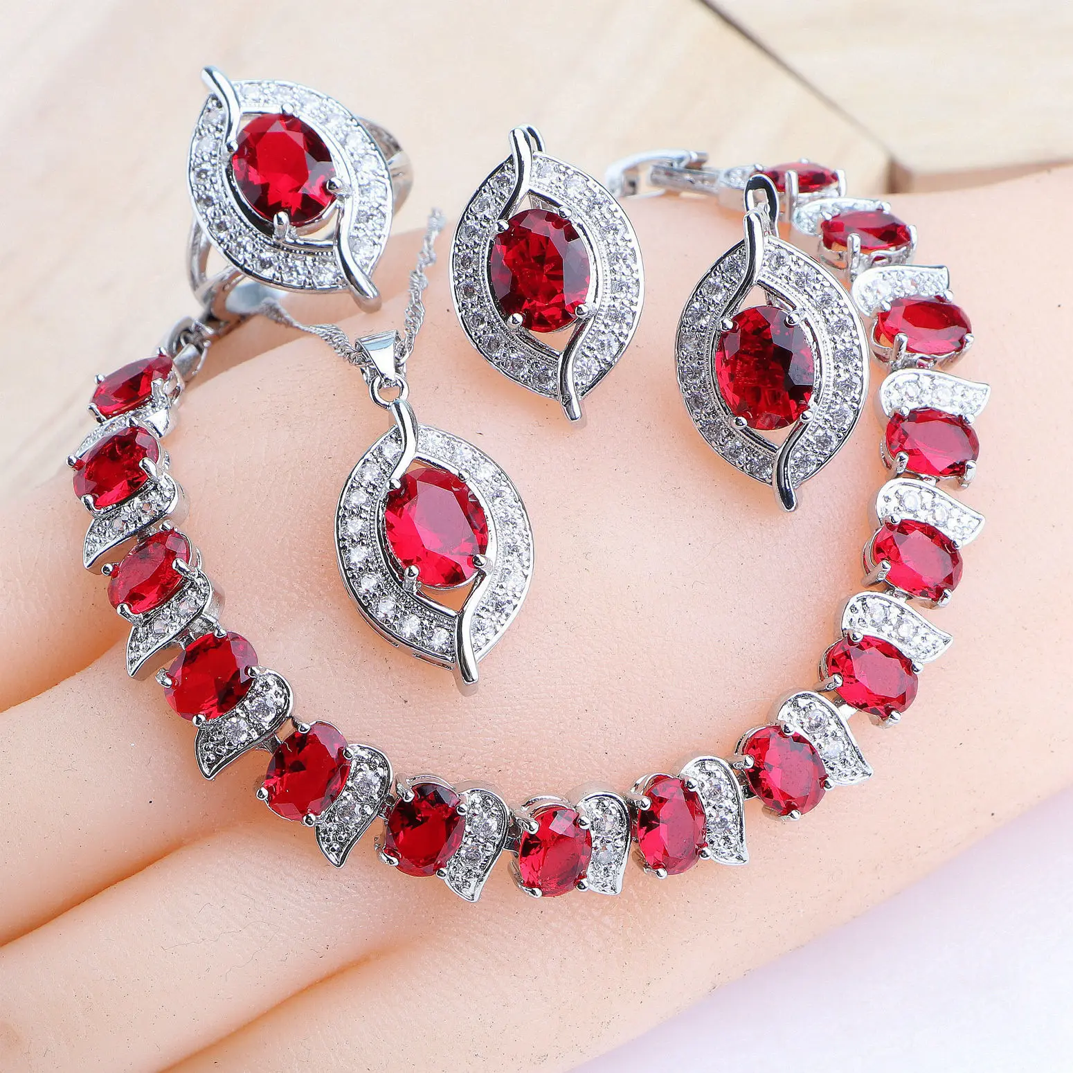 Wedding Jewelry Sets For Women 925 Sterling Silver Jewelry Ring Pendant Necklace Earrings Bracelets Bridal Red Zirconia Set