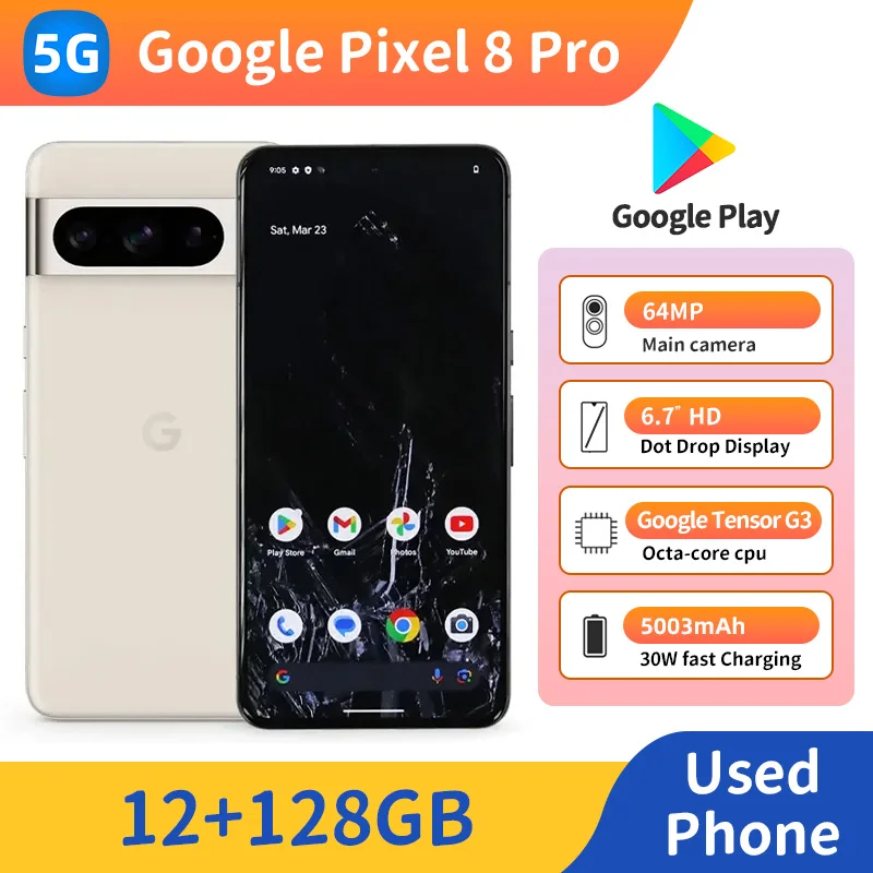 هاتف Google Pixel 8 Pro 5G الذكي 128GB ROM NFC 50MP كاميرا Google Tensor G3 بطارية 5050mah هاتف مستعمل #1