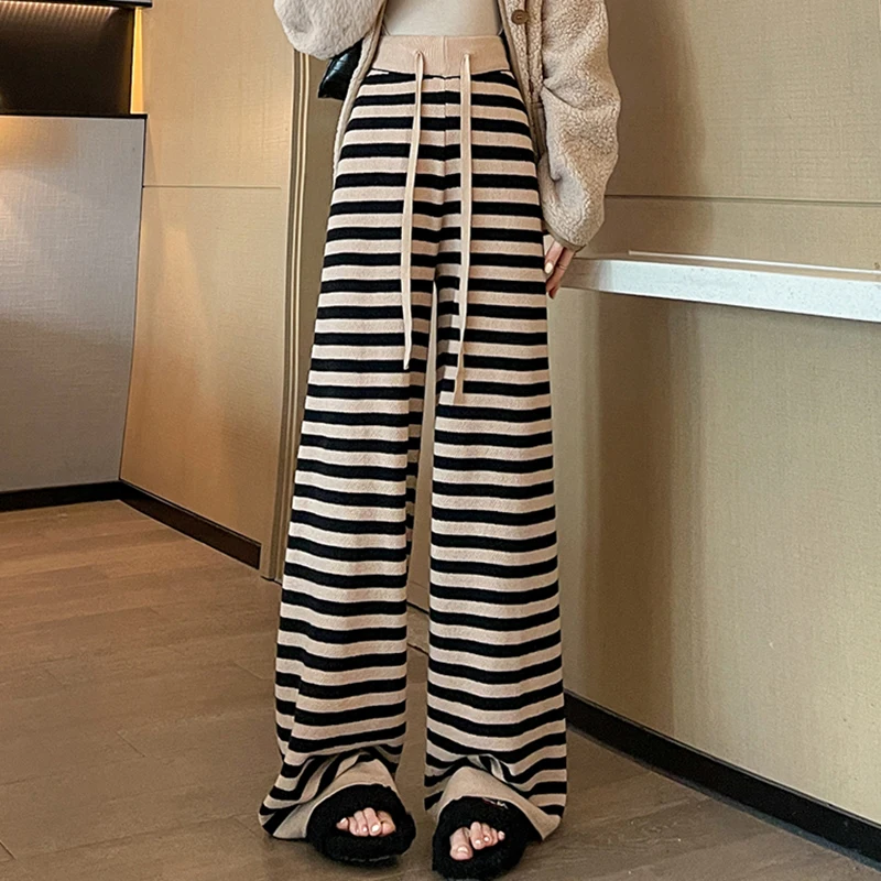 Gidyq Women Striped Wide Leg Pants Fashion Korean Patchwork Loose Casual Pants High Waist Female Streetwear Straight Pants New