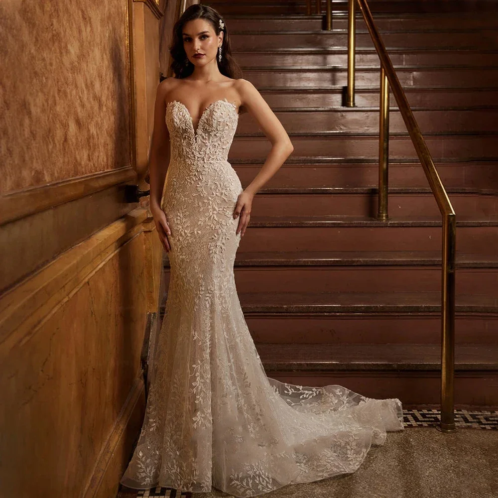 

Flavinke Customized Sleeveles Mermaid Dresses Wedding Gown For Women Lace Appliques Strapless Spaghetti Straps Vestidos De Novia