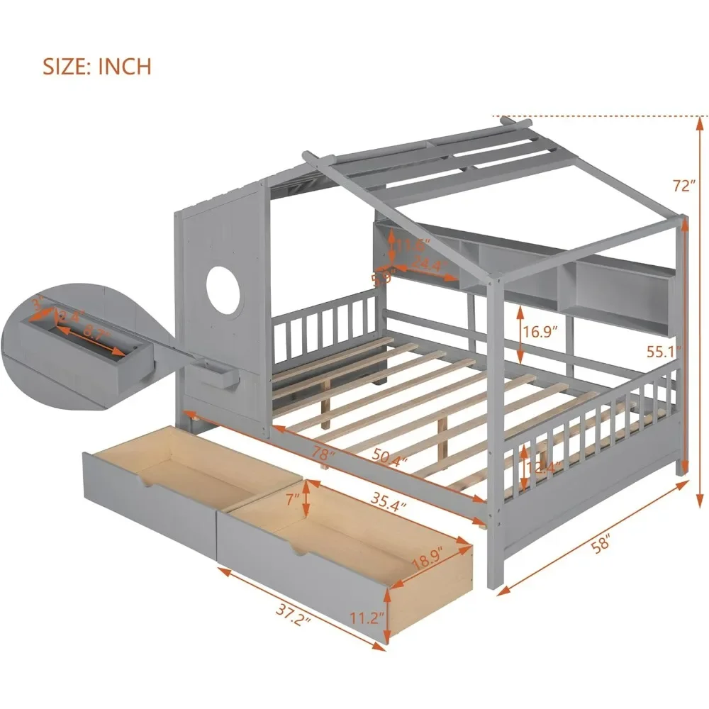 Houten groot huisbed met 2 lades en opbergplank, volledig platformbedframe met pitched dak, grijs