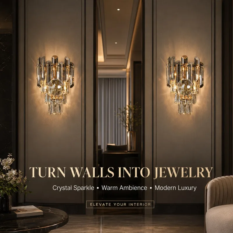 Modern Luxury Clear Smoke Crystal Bar Warm Three Color Light for Bedroom Living Room Hallway Hotel Decorative LED Wall Lamp