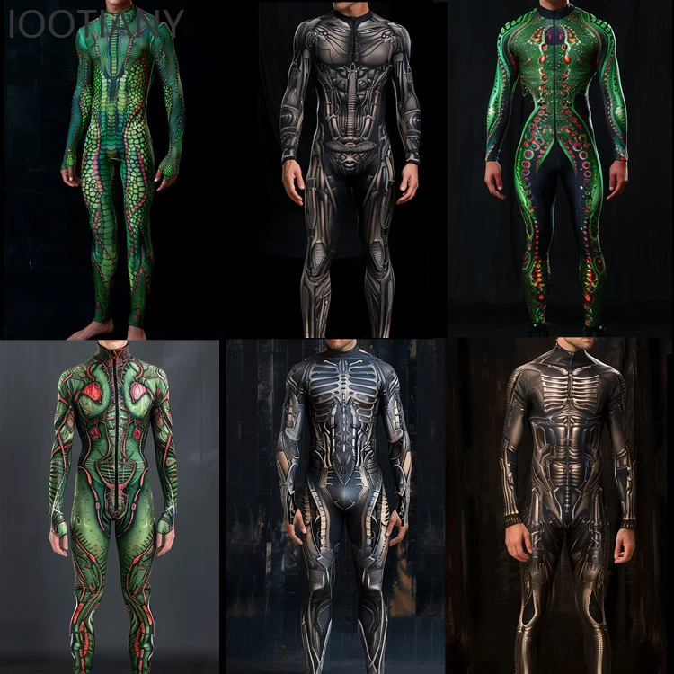 

IOOTIANY Halloween Snake Print Cosplay Steam Punk Jumpsuit Animal Skin Chameleon Carnival Party Performance Costume Zentai Suit