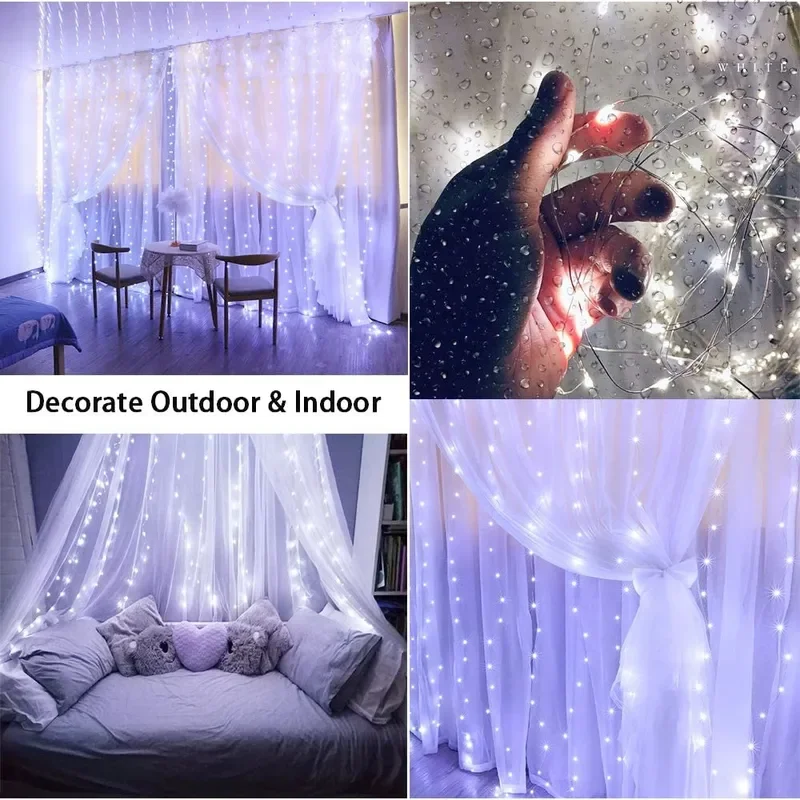 Fairy String LED Lights Cortina, USB, 8 Modos, Controle Remoto, Decoração de Natal, Casa, Feriado, Ano Novo