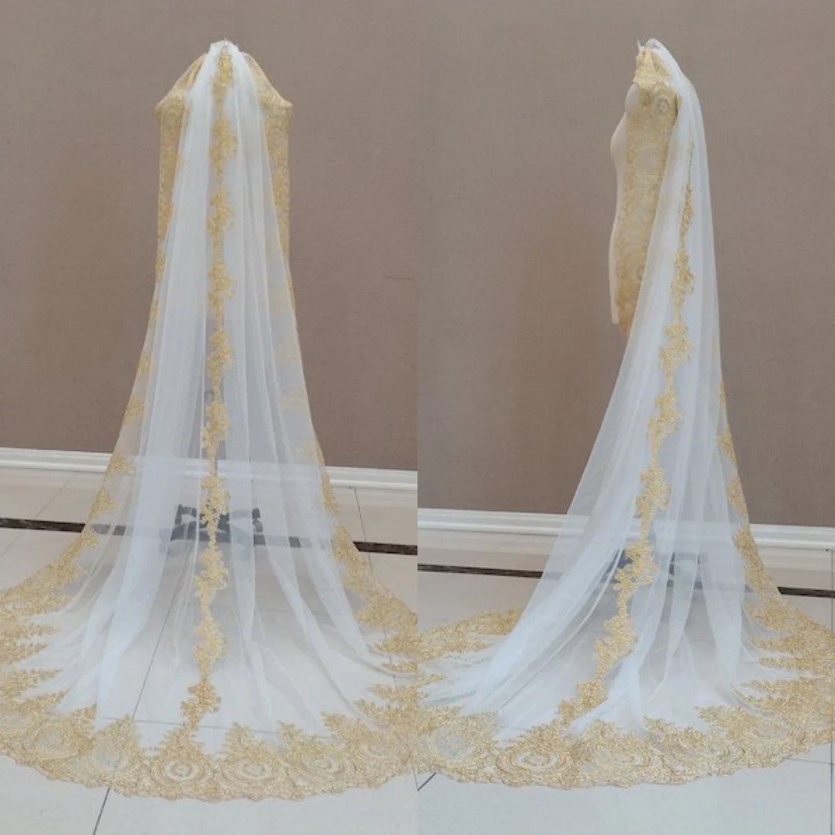 

Golden Appliques Wedding Veil One Layer Long Cathedral Veils Sequins Applique Edge With Comb Customized Bridal Accessories