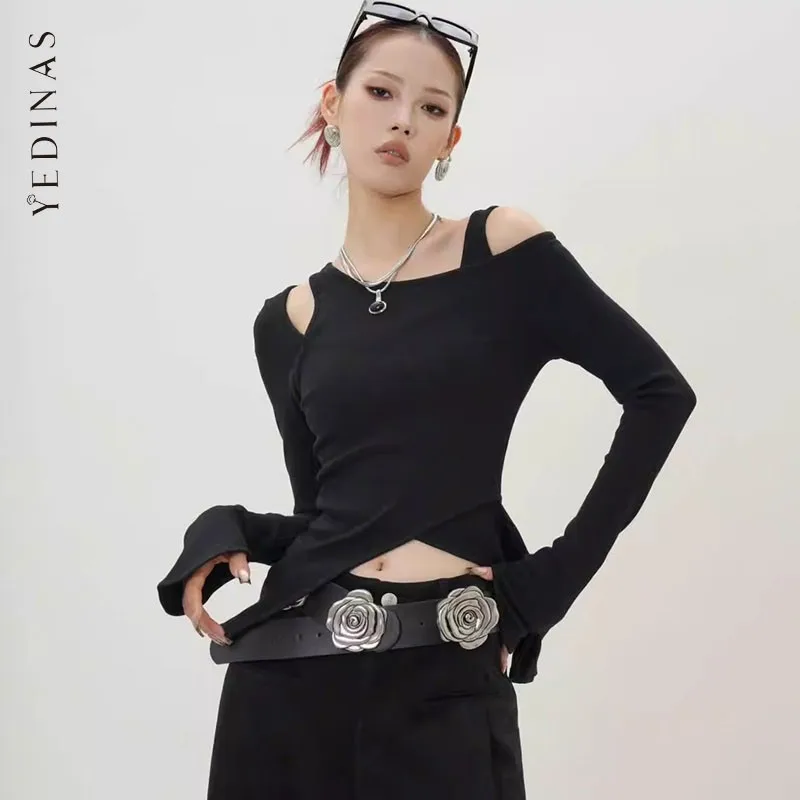 

Yedinas Streetwear Black Two Piece Tops Long Sleeve Korean Fashion Irregular Slim Tees Female Clothing 2000s Clothes Y2k T-shirt