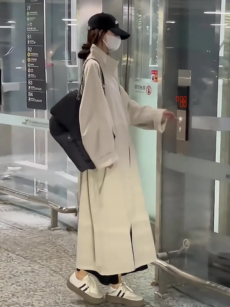 

Женское длинное пальто прямого кроя, однотонное, в корейском стиле, весна-осень, новинка, элегантное, премиум-класса