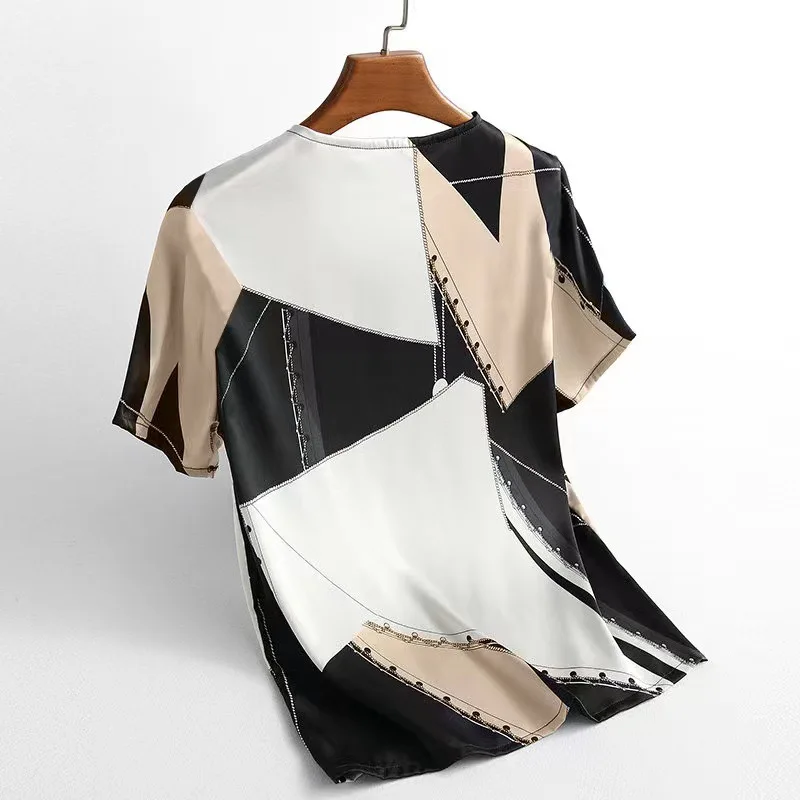 Imitation Silk T-shirt Top Summer New Ice Silk Printed Mother's Dress With Thin Belly And Westernized Big Bottom Blouse Woman