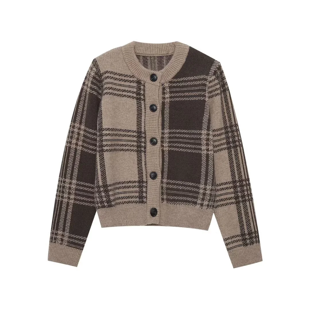 

2025 autumn new women's casual fashion versatile plaid round neck long sleeved knitted cardigan sweater jacket