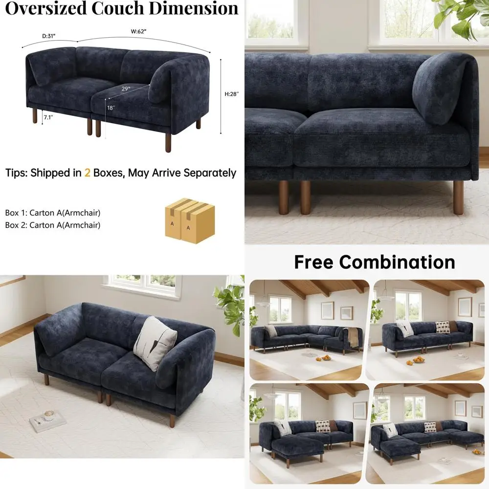 

Modern Deep Seated Chenille Sofa, Solid Wood Frame, Comfortable Living Room Furniture, Suitable for Office, Easy Assembly, Blue