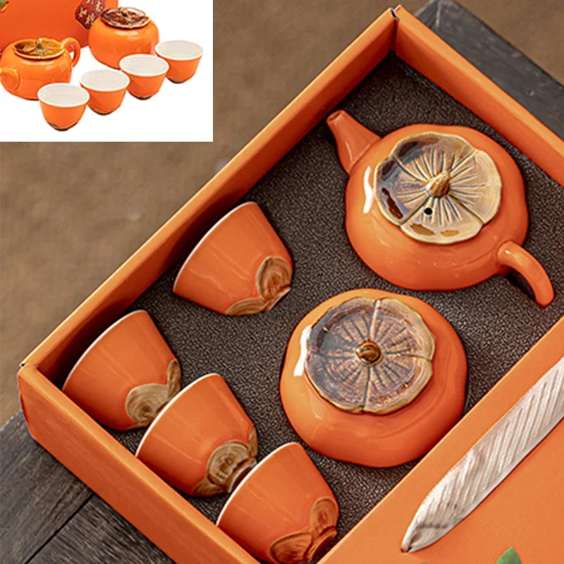 

For Ceramic tea set 6-piece set: a teapot + 4 teacups + a tea caddy Handmade ceramic cup set Gift with persimmon lid storage jar