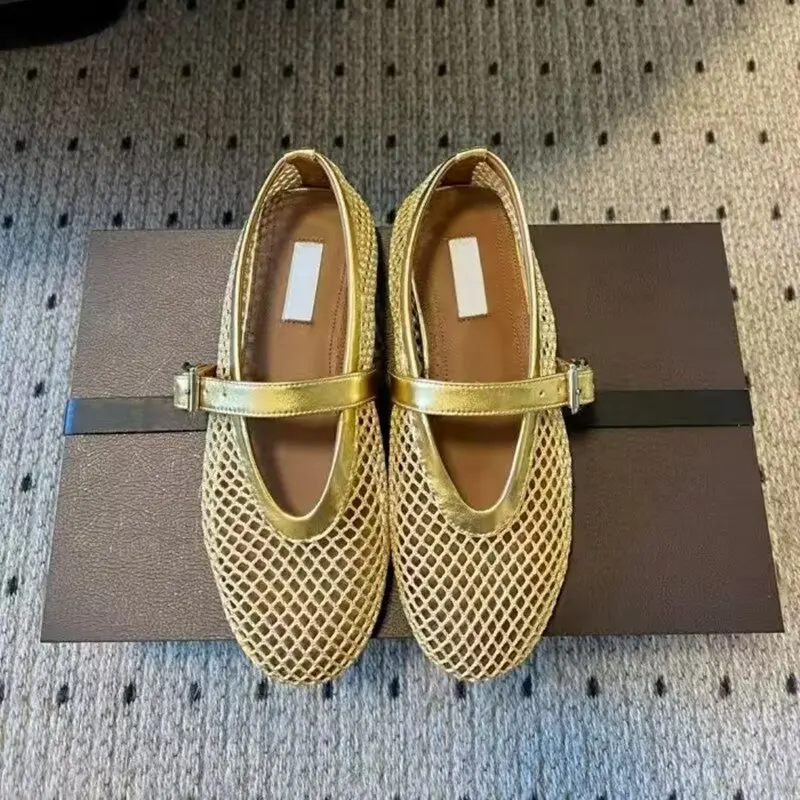 Designer Brand Original Light Luxury Leather Flat Bottomed Fishing Net Ballet Shoes Mary Jane Mesh Sandals image 3
