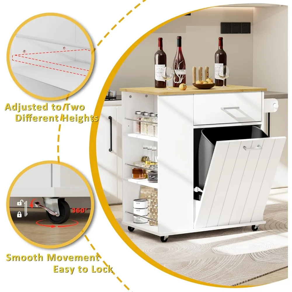 جزيرة المطبخ المتداول مع تخزين سلة المهملات، جزيرة المطبخ المحمولة على عجلات مع رف المناشف ورف التوابل، كاليفورنيا القابلة للإمالة