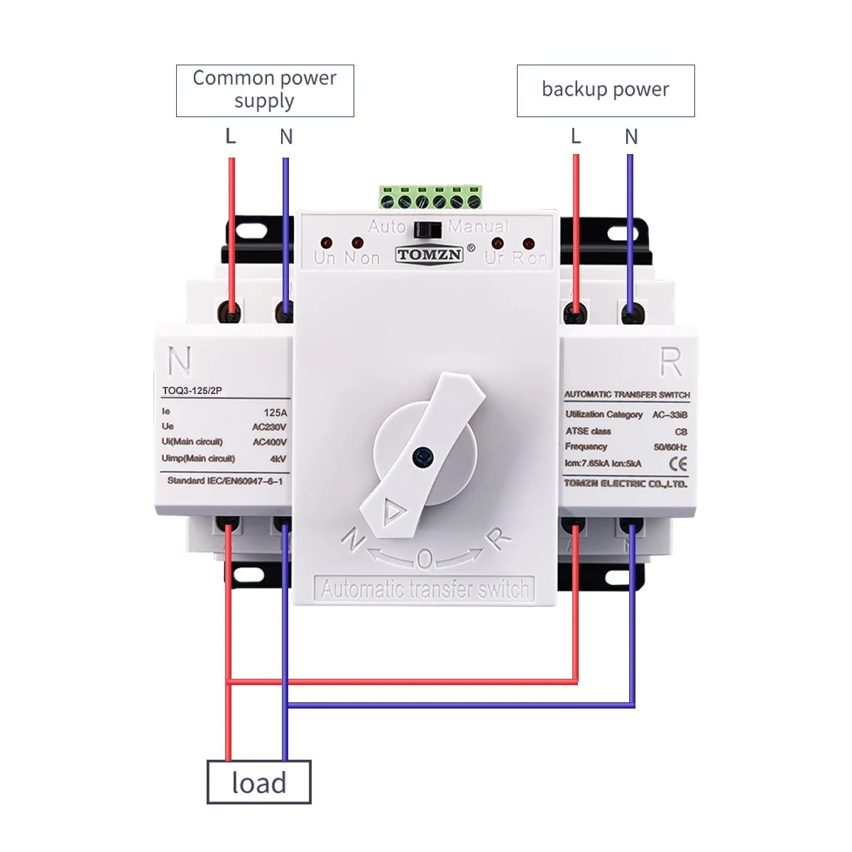 ATS 2P 125A 230V MCB type Dual Power Automatic transfer switch TOMZN TOQ3-2P/125 PV city power Generator