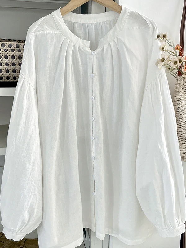 

Casual Cotton Linen irt Women's Summer Faion Versatile Loose Long Sve Lantern Sve Sun Protection Top round Ne But...