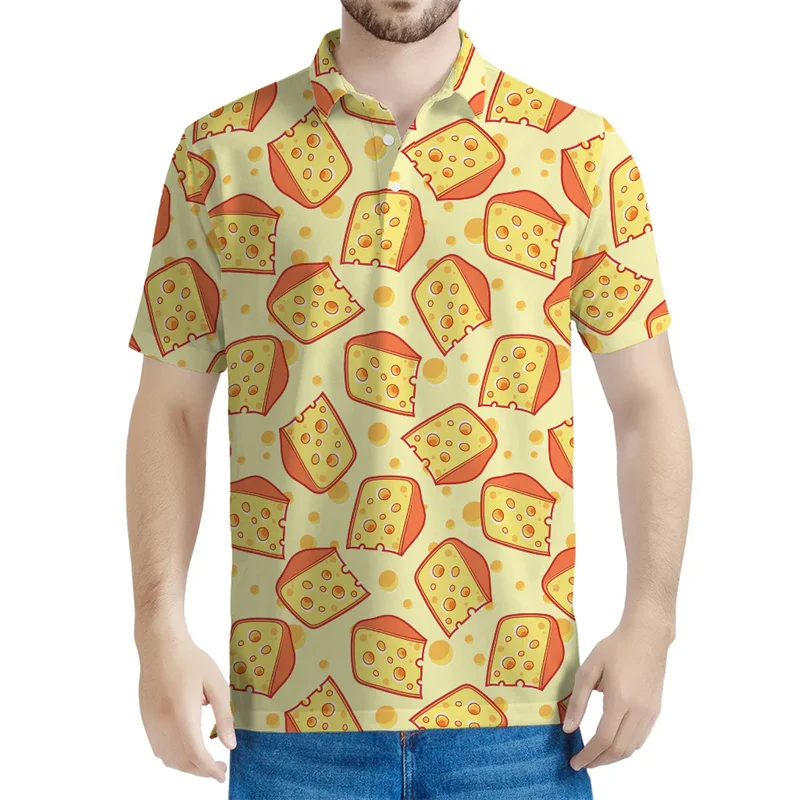 Cartoon Cheese Polo Shirt For Men Summer Street Loose Short Sleeved Tees 3d Printed Food Button Lapel T Shirt Casual Tops