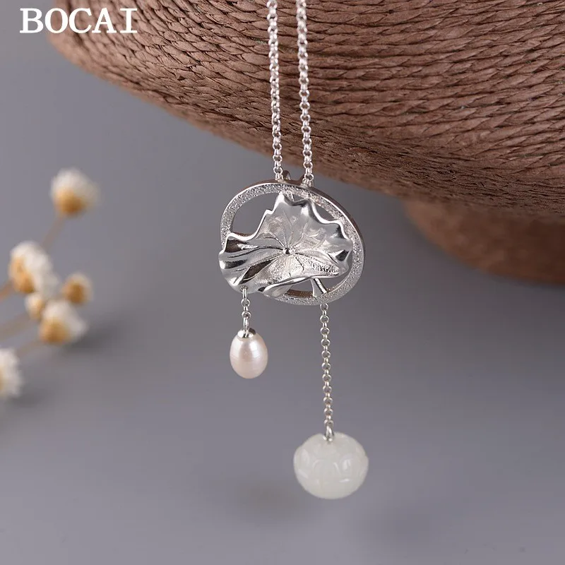 

BOCAI S925 Silver Retro Simplicity Literary Fashion Hotan Jade Lotus Leaf Pendant Set Chain Lady Gift