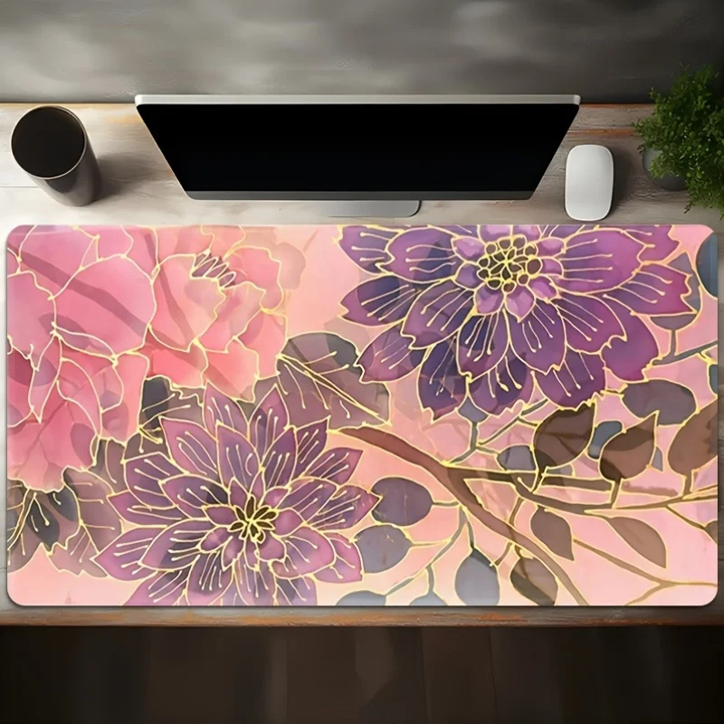 Vintage Floral Gold Outline Desk Mat Large Watercolor Extended Mouse Pad Non-Slip Rubber Mat