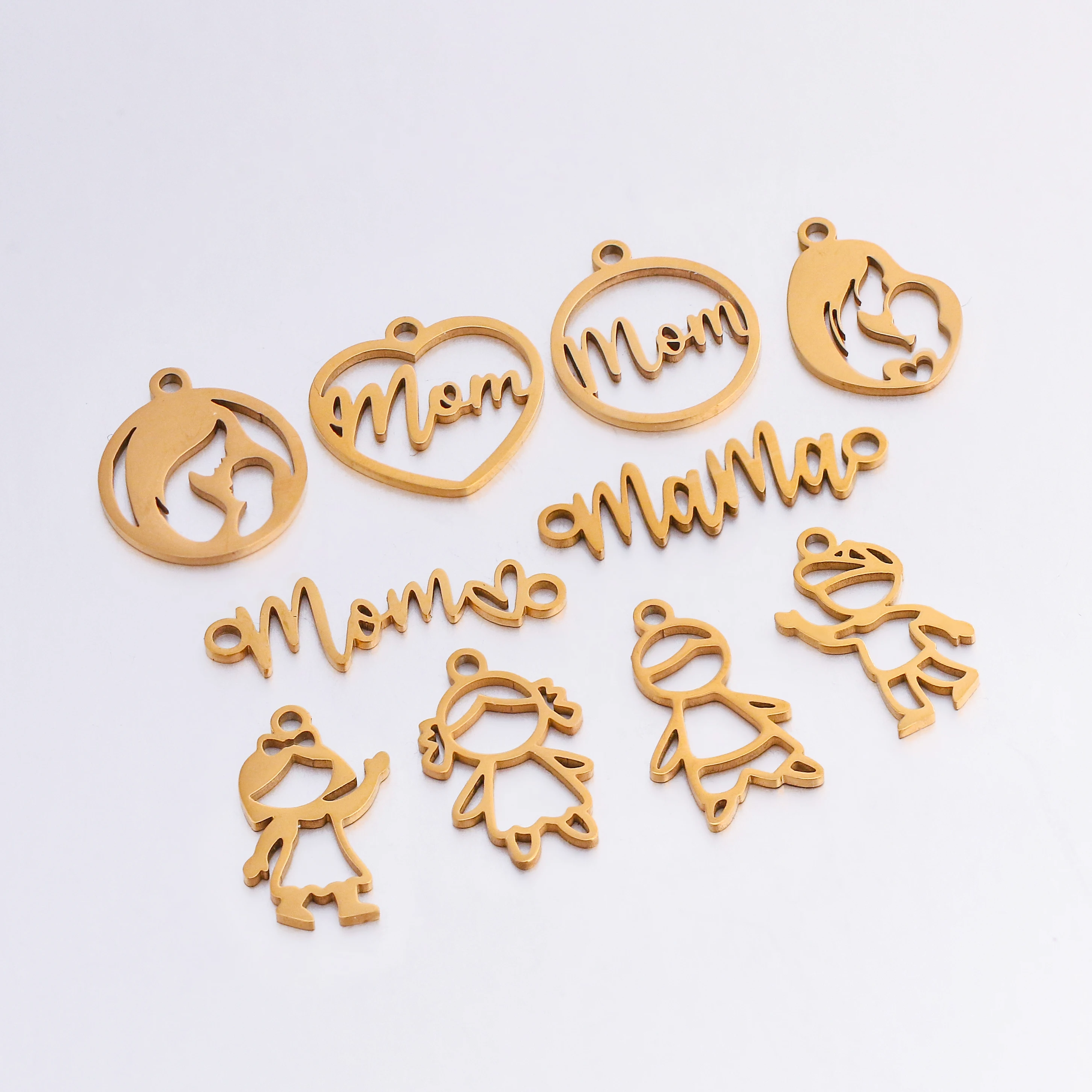 5Pcs Love Heart Mama/Boys/Girls Baby&Mother Charms Stainless Steel Jewelry Connector Pendants Fit DIY Handmade Necklace Earrings