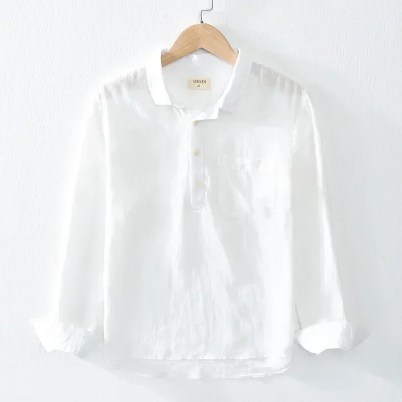 Summer 100% Linen Shirts for Men Breathable Beachwear Man Tops Japanese Retro Casual Shirts with Pocket Simple Pullover Shirt